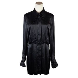 MNG Mango Black Satin Shirt Dress Size M US 8 Retro Collar Mini Long Sleeve